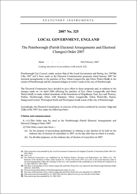 The Peterborough (Parish Electoral Arrangements and Electoral Changes) Order 2007