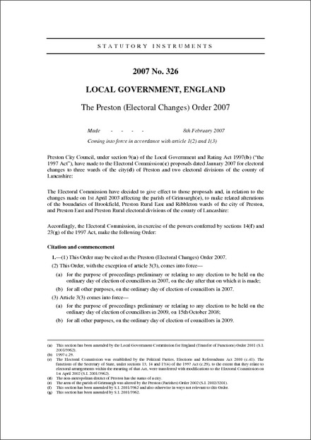 The Preston (Electoral Changes) Order 2007