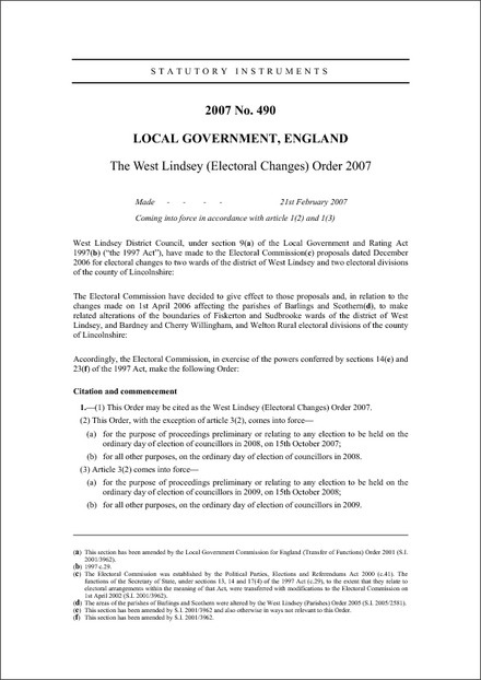 The West Lindsey (Electoral Changes) Order 2007