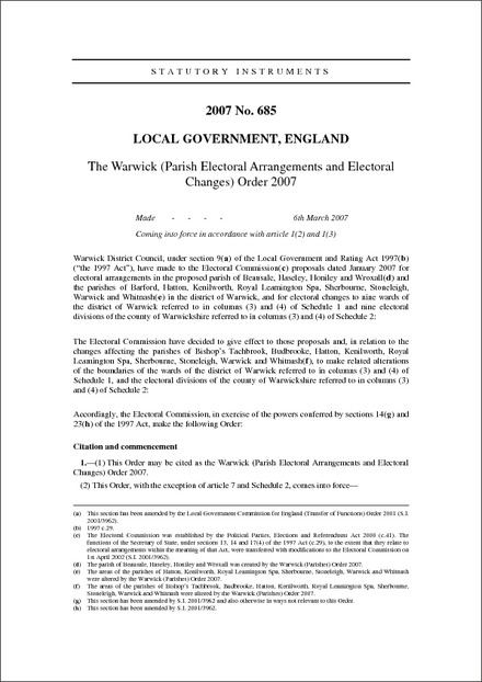 The Warwick (Parish Electoral Arrangements and Electoral Changes) Order 2007