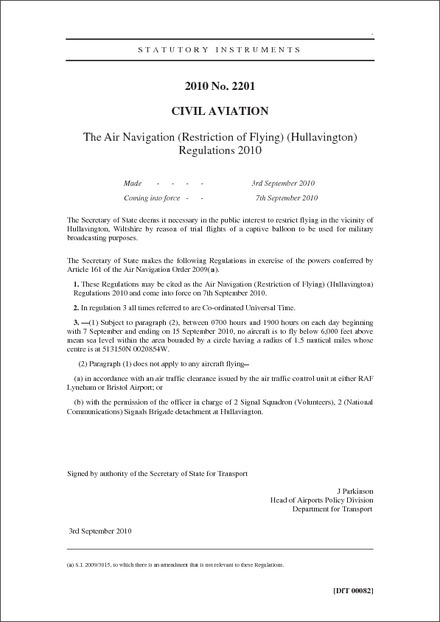 The Air Navigation (Restriction of Flying) (Hullavington) Regulations 2010