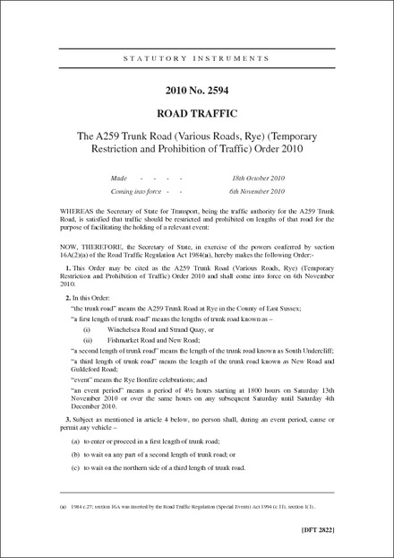 The A259 Trunk Road (Various Roads, Rye) (Temporary Restriction and Prohibition of Traffic) Order 2010