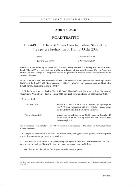 The A49 Trunk Road (Craven Arms to Ludlow, Shropshire) (Temporary Prohibition of Traffic) Order 2010