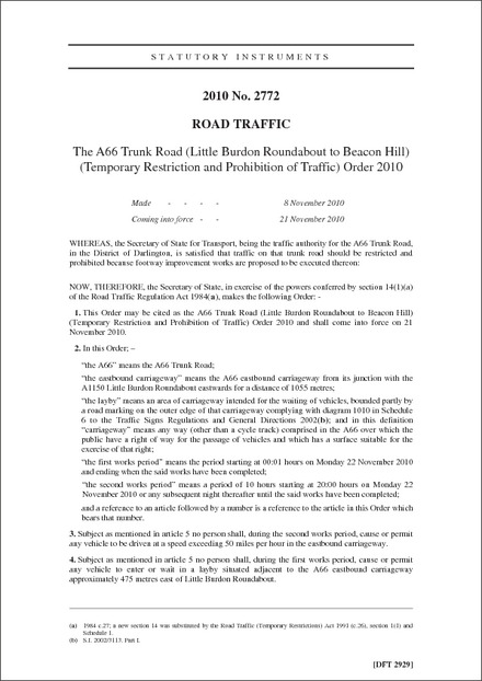 The A66 Trunk Road (Little Burdon Roundabout to Beacon Hill) (Temporary Restriction and Prohibition of Traffic) Order 2010