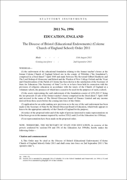 The Diocese of Bristol (Educational Endowments) (Colerne Church of England School) Order 2011
