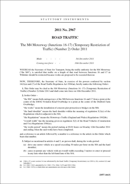 The M4 Motorway (Junctions 16-17) (Temporary Restriction of Traffic) (Number 2) Order 2011
