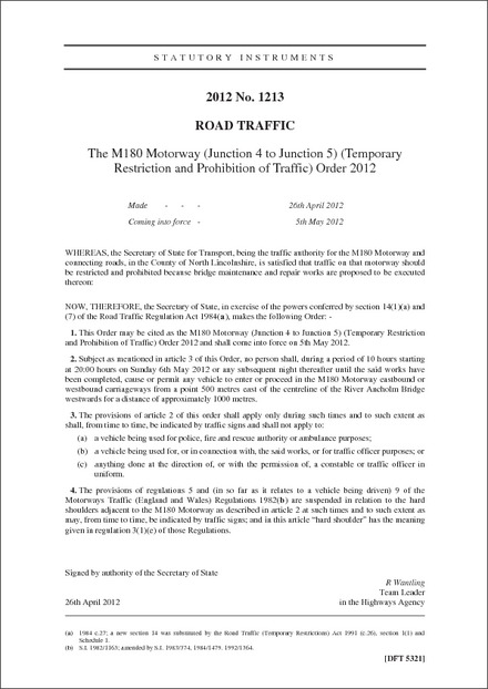 The M180 Motorway (Junction 4 to Junction 5) (Temporary Restriction and Prohibition of Traffic) Order 2012
