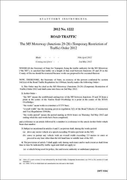 The M5 Motorway (Junctions 29-28) (Temporary Restriction of Traffic) Order 2012