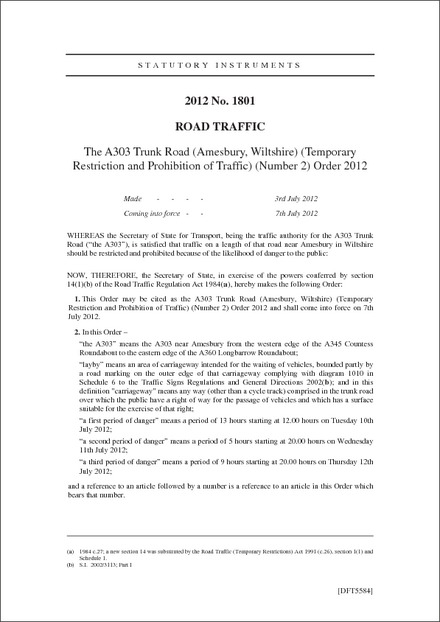 The A303 Trunk Road (Amesbury, Wiltshire) (Temporary Restriction and Prohibition of Traffic) (Number 2) Order 2012