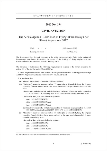 The Air Navigation (Restriction of Flying) (Farnborough Air Show) Regulations 2012