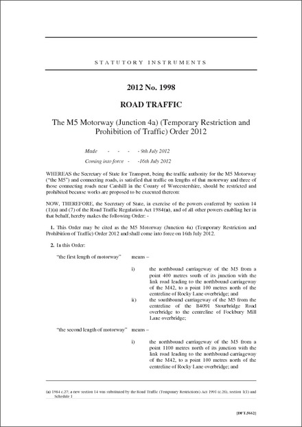 The M5 Motorway (Junction 4a) (Temporary Restriction and Prohibition of Traffic) Order 2012