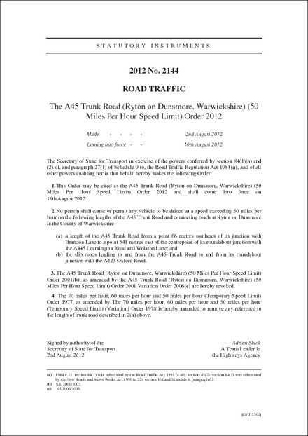 The A45 Trunk Road (Ryton on Dunsmore, Warwickshire) (50 Miles Per Hour Speed Limit) Order 2012