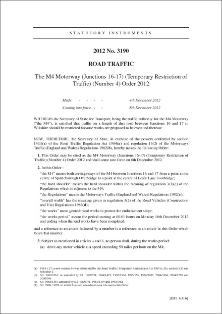 The M4 Motorway (Junctions 16-17) (Temporary Restriction of Traffic) (Number 4) Order 2012