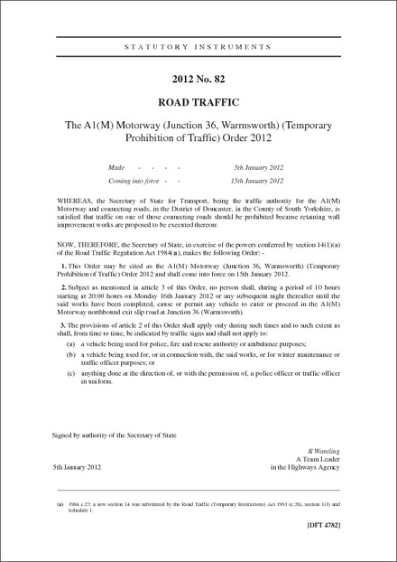 The A1(M) Motorway (Junction 36, Warmsworth) (Temporary Prohibition of Traffic) Order 2012