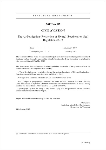 The Air Navigation (Restriction of Flying) (Southend-on-Sea) Regulations 2012