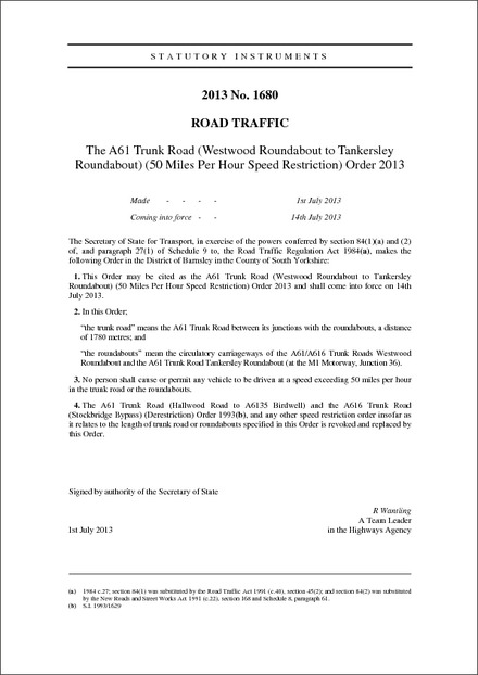 The A61 Trunk Road (Westwood Roundabout to Tankersley Roundabout) (50 Miles Per Hour Speed Restriction) Order 2013