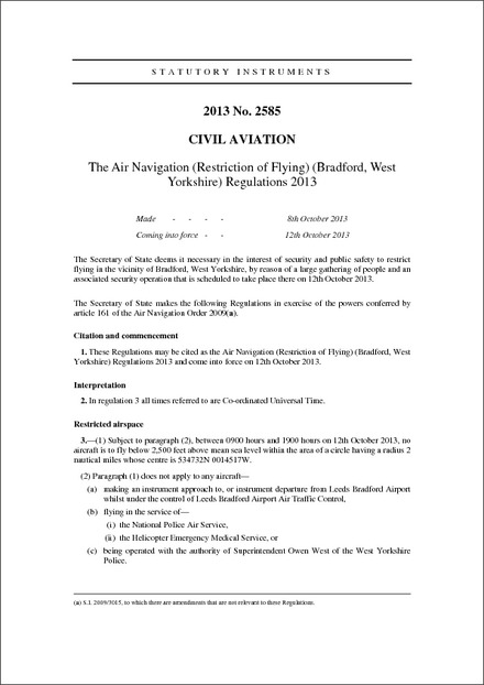 The Air Navigation (Restriction of Flying) (Bradford, West Yorkshire) Regulations 2013