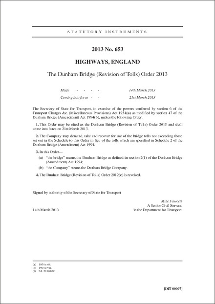 The Dunham Bridge (Revision of Tolls) Order 2013