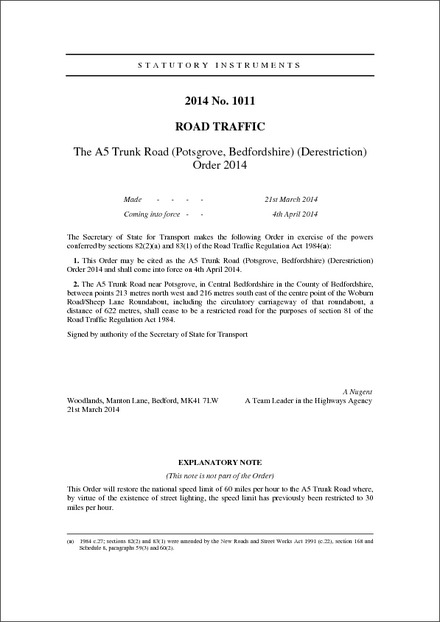 The A5 Trunk Road (Potsgrove, Bedfordshire) (Derestriction) Order 2014