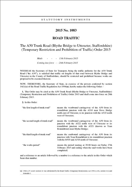 The A50 Trunk Road (Blythe Bridge to Uttoxeter, Staffordshire) (Temporary Restriction and Prohibition of Traffic) Order 2015