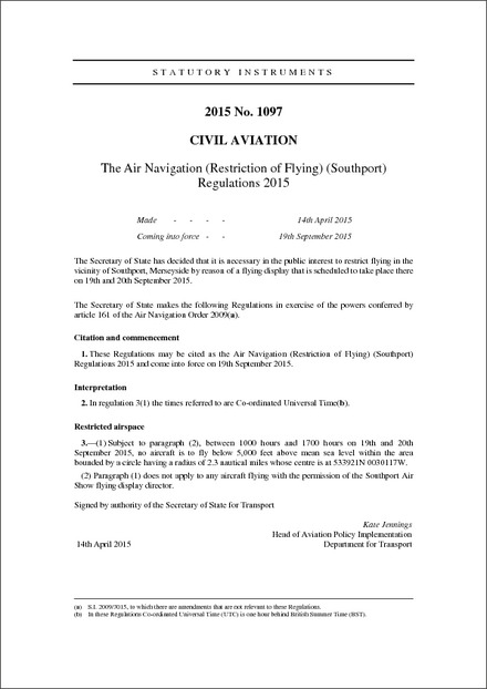 The Air Navigation (Restriction of Flying) (Southport) Regulations 2015