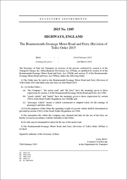 The Bournemouth-Swanage Motor Road and Ferry (Revision of Tolls) Order 2015