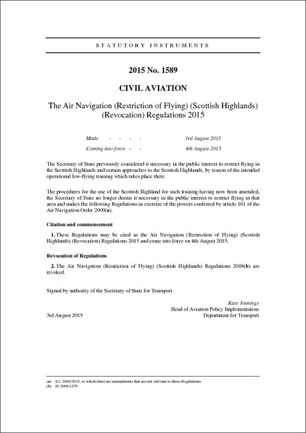The Air Navigation (Restriction of Flying) (Scottish Highlands) (Revocation) Regulations 2015