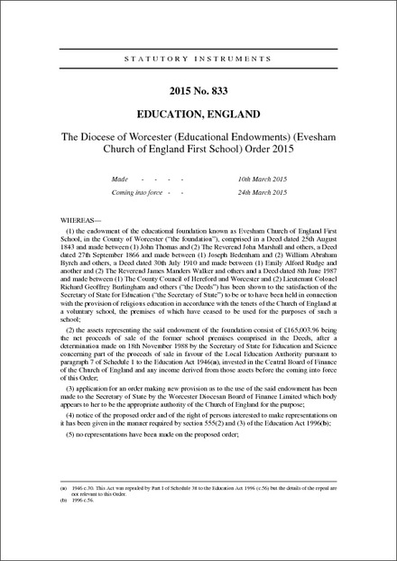 The Diocese of Worcester (Educational Endowments) (Evesham Church of England First School) Order 2015