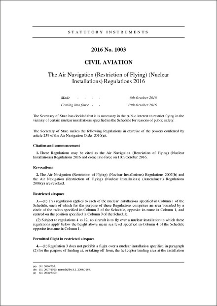 The Air Navigation (Restriction of Flying) (Nuclear Installations) Regulations 2016