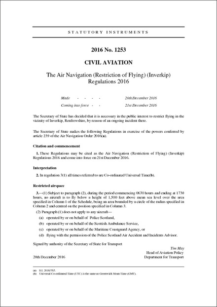 The Air Navigation (Restriction of Flying) (Inverkip) Regulations 2016