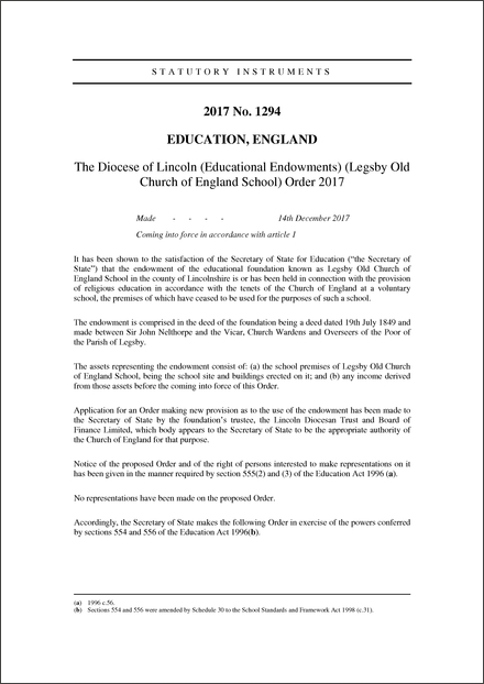 The Diocese of Lincoln (Educational Endowments) (Legsby Old Church of England School) Order 2017