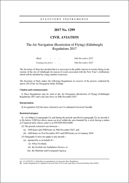 The Air Navigation (Restriction of Flying) (Edinburgh) Regulations 2017