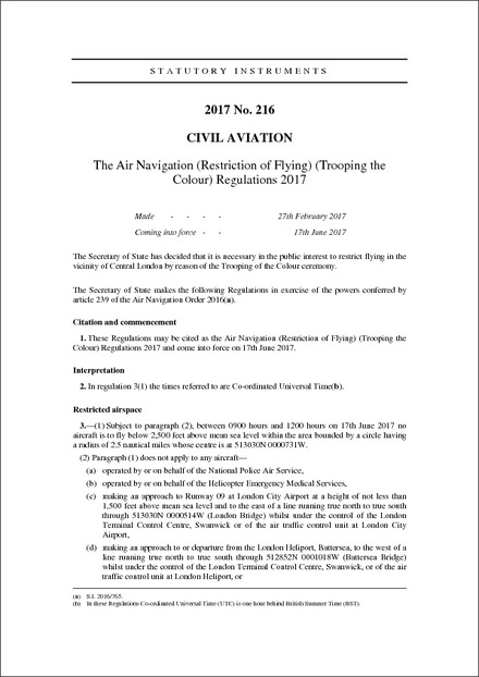 The Air Navigation (Restriction of Flying) (Trooping the Colour) Regulations 2017