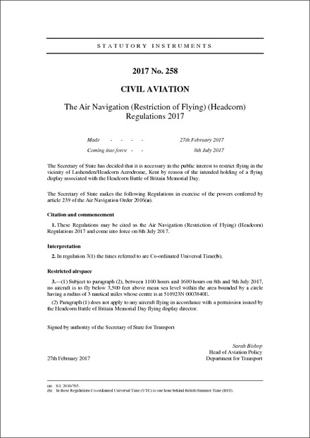The Air Navigation (Restriction of Flying) (Headcorn) Regulations 2017