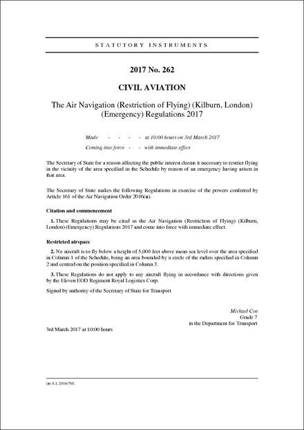 The Air Navigation (Restriction of Flying) (Kilburn, London) (Emergency) Regulations 2017
