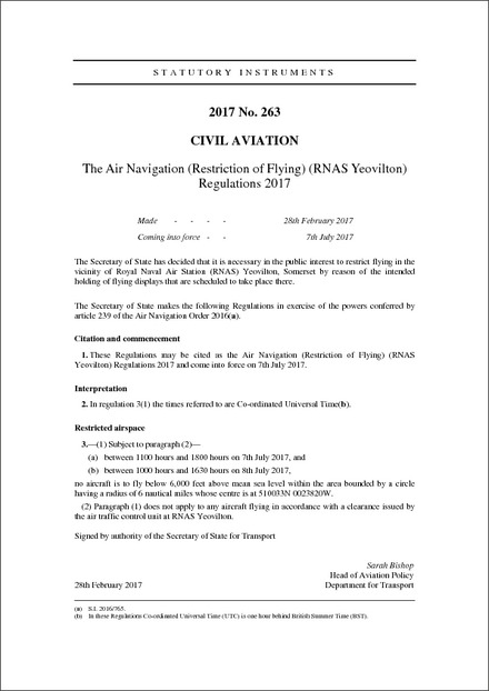 The Air Navigation (Restriction of Flying) (RNAS Yeovilton) Regulations 2017