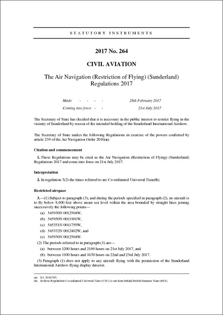 The Air Navigation (Restriction of Flying) (Sunderland) Regulations 2017