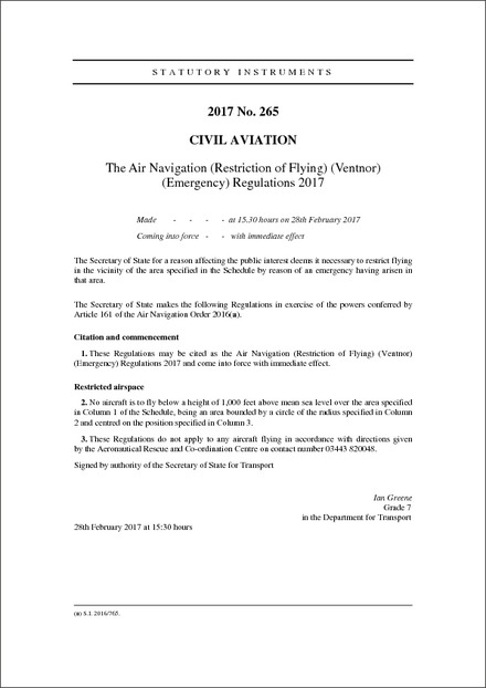 The Air Navigation (Restriction of Flying) (Ventnor) (Emergency) Regulations 2017