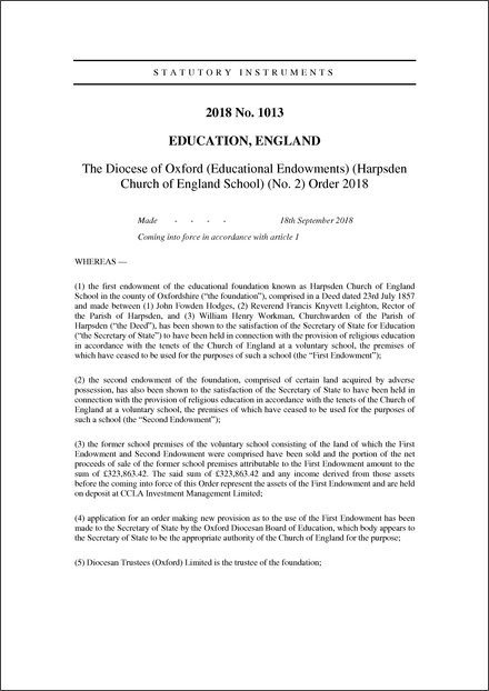 The Diocese of Oxford (Educational Endowments) (Harpsden Church of England School) (No. 2) Order 2018