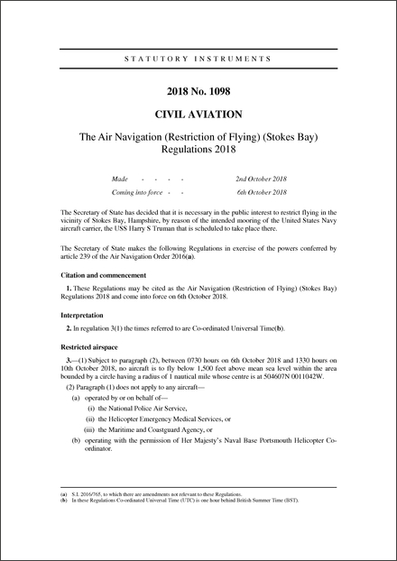 The Air Navigation (Restriction of Flying) (Stokes Bay) Regulations 2018