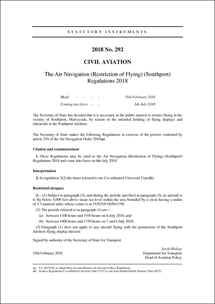 The Air Navigation (Restriction of Flying) (Southport) Regulations 2018