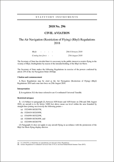 The Air Navigation (Restriction of Flying) (Rhyl) Regulations 2018