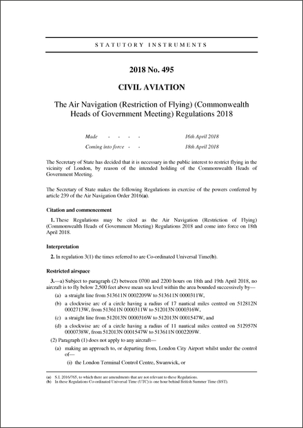 The Air Navigation (Restriction of Flying) (Commonwealth Heads of Government Meeting) Regulations 2018