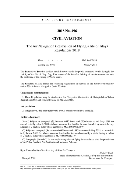 The Air Navigation (Restriction of Flying) (Isle of Islay) Regulations 2018