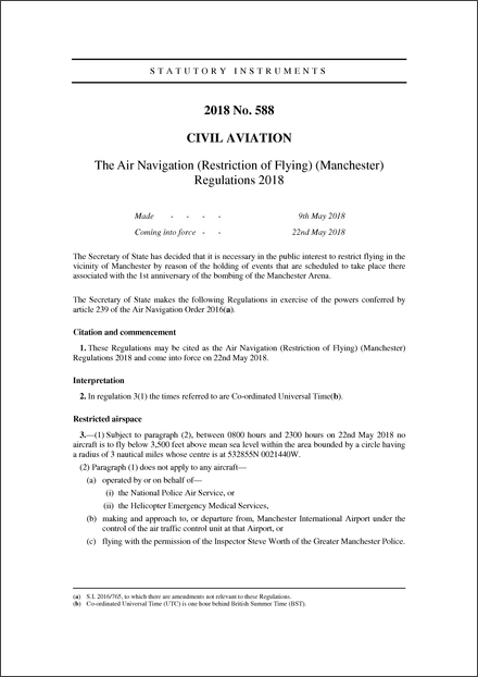 The Air Navigation (Restriction of Flying) (Manchester) Regulations 2018