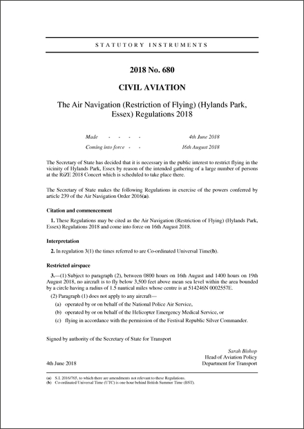 The Air Navigation (Restriction of Flying) (Hylands Park, Essex) Regulations 2018