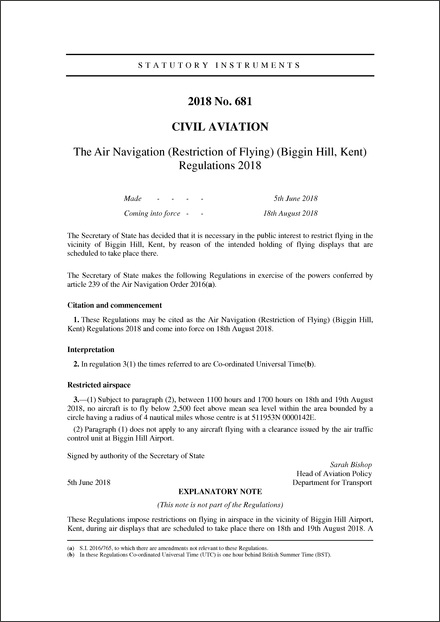 The Air Navigation (Restriction of Flying) (Biggin Hill, Kent) Regulations 2018