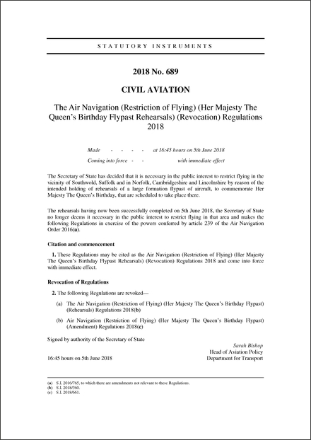 The Air Navigation (Restriction of Flying) (Her Majesty The Queen’s Birthday Flypast Rehearsals) (Revocation) Regulations 2018