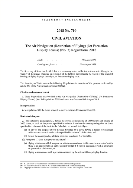 The Air Navigation (Restriction of Flying) (Jet Formation Display Teams) (No. 3) Regulations 2018