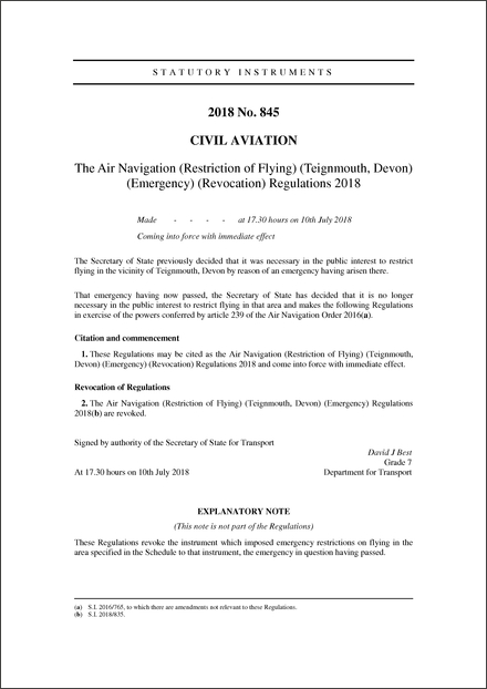 The Air Navigation (Restriction of Flying) (Teignmouth, Devon) (Emergency) (Revocation) Regulations 2018